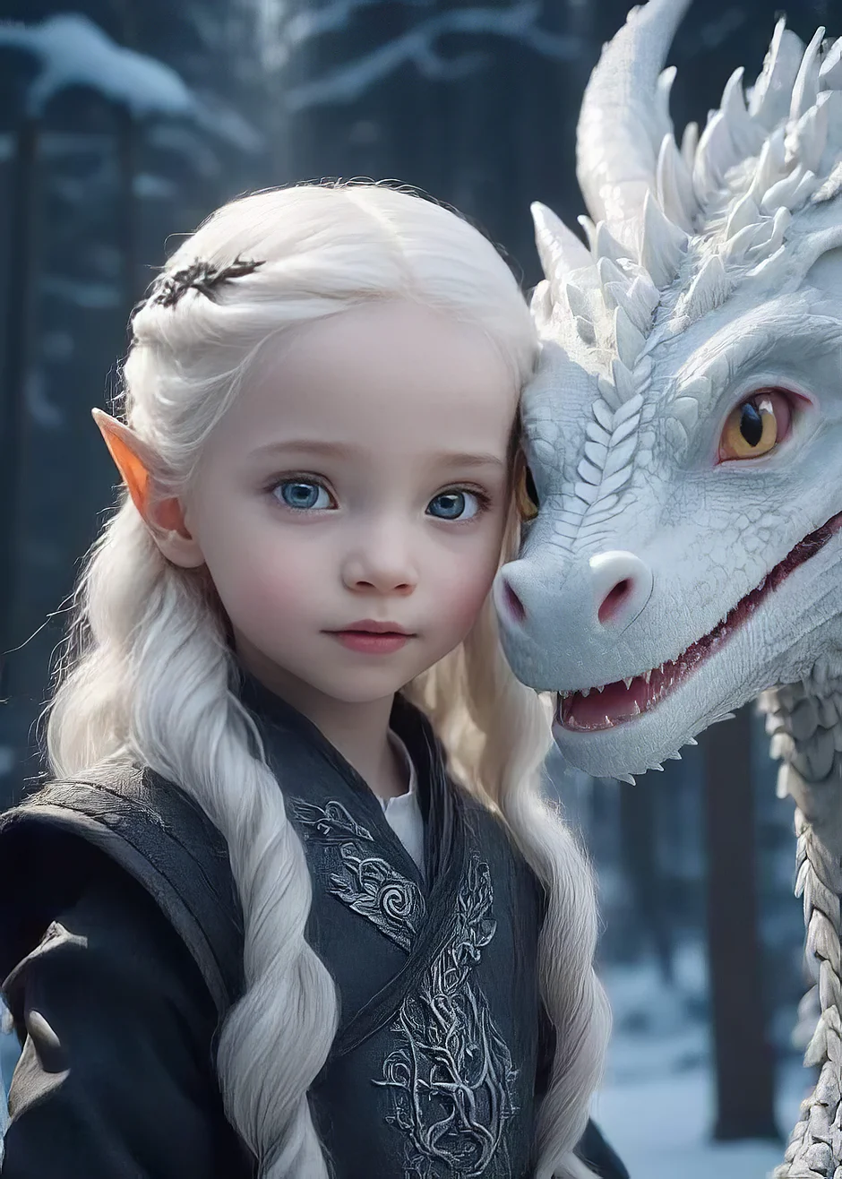 A young Elf and her protective Dragon